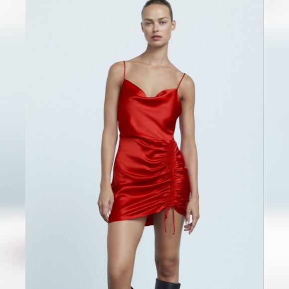 Zara Dresses & Skirts - ZARA Ruched Tie Bodycon Satin Mini Dress In Red. Size XS